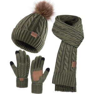 Women's Basil Green Winter Hat Scarf Gloves Set Long Neck Kint Scarf Valentines